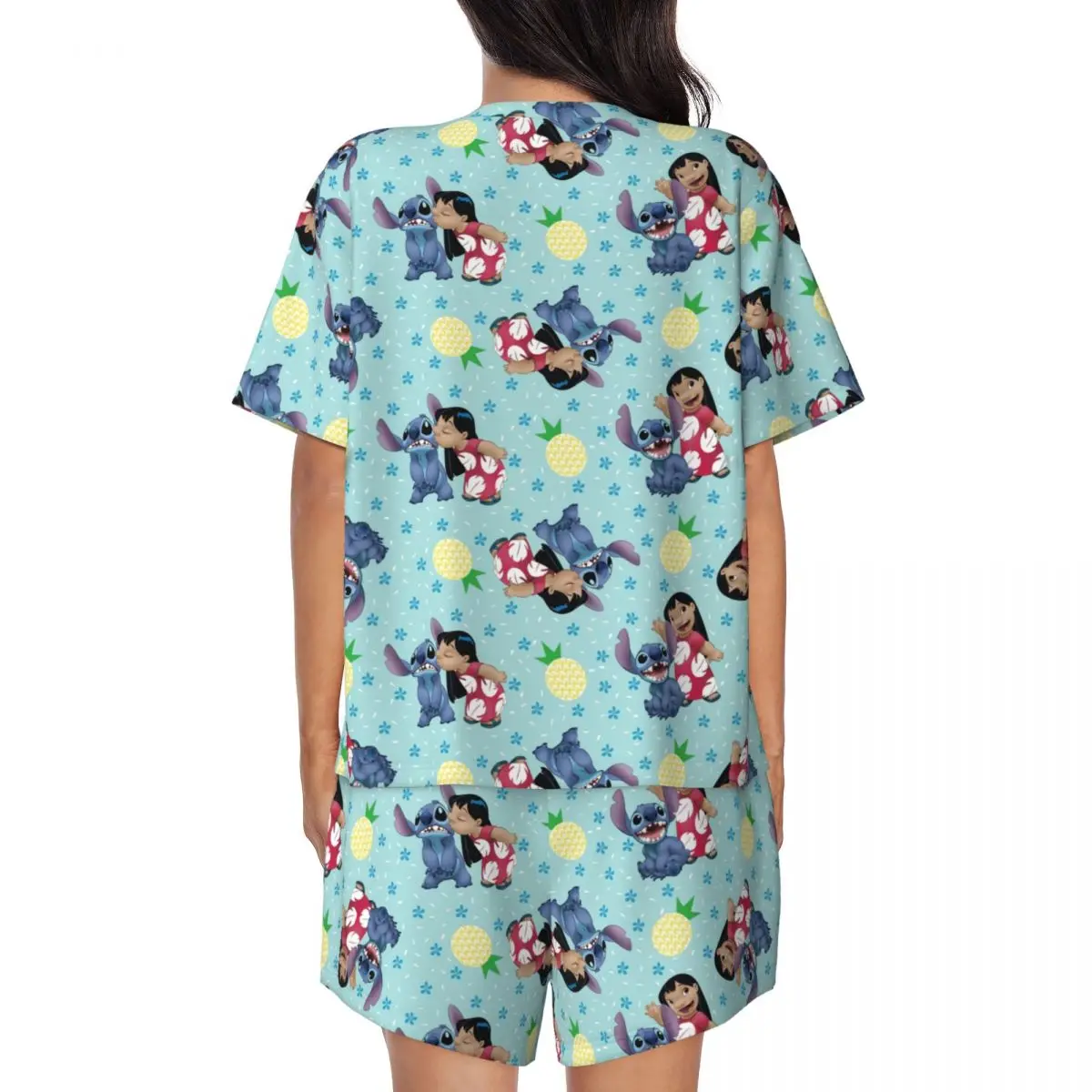 Custom Women's Lilo Stitch Pineapple Pattern Pajamas Set Printed Short Sleeve Sleepwear Loungewear Pjs 2 Piece Sets image 3