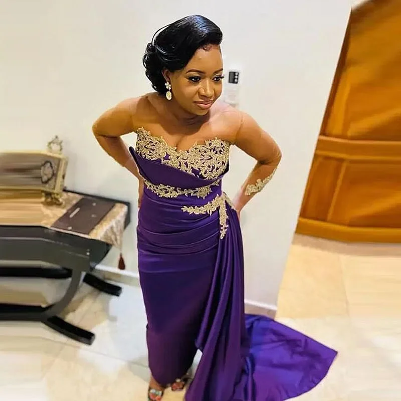 Avec col transparent Illusion manches longues dentelle Appliques côté Train Aso Ebi robe de soirée Sexy violet sirène robes de bal