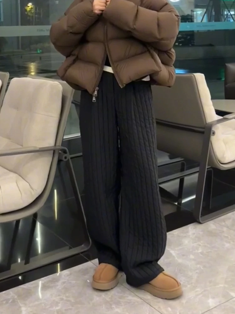 سراويل نسائية كاجوال من القطن ثينيد عالية الخصر فضفاضة مستقيمة الساق ملابس خارجية دافئة شتوية عصرية مقاس كبير