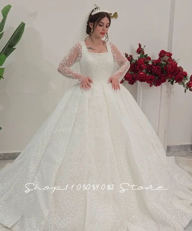 Luxury Sparkly Sequins Wedding Dress Square Neck Sheer Long Sleeve Puffy Plus‑Size Women Bridal Gown Customized vestidos mujer