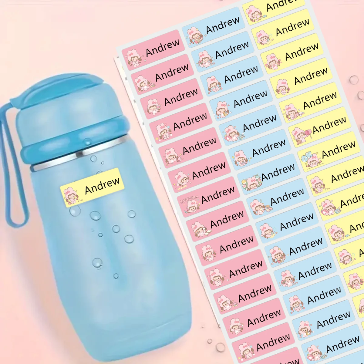 Custom name stickers-T1-waterproof label stickers with pink girl cartoon pattern,kindergarten stationery water cup labels