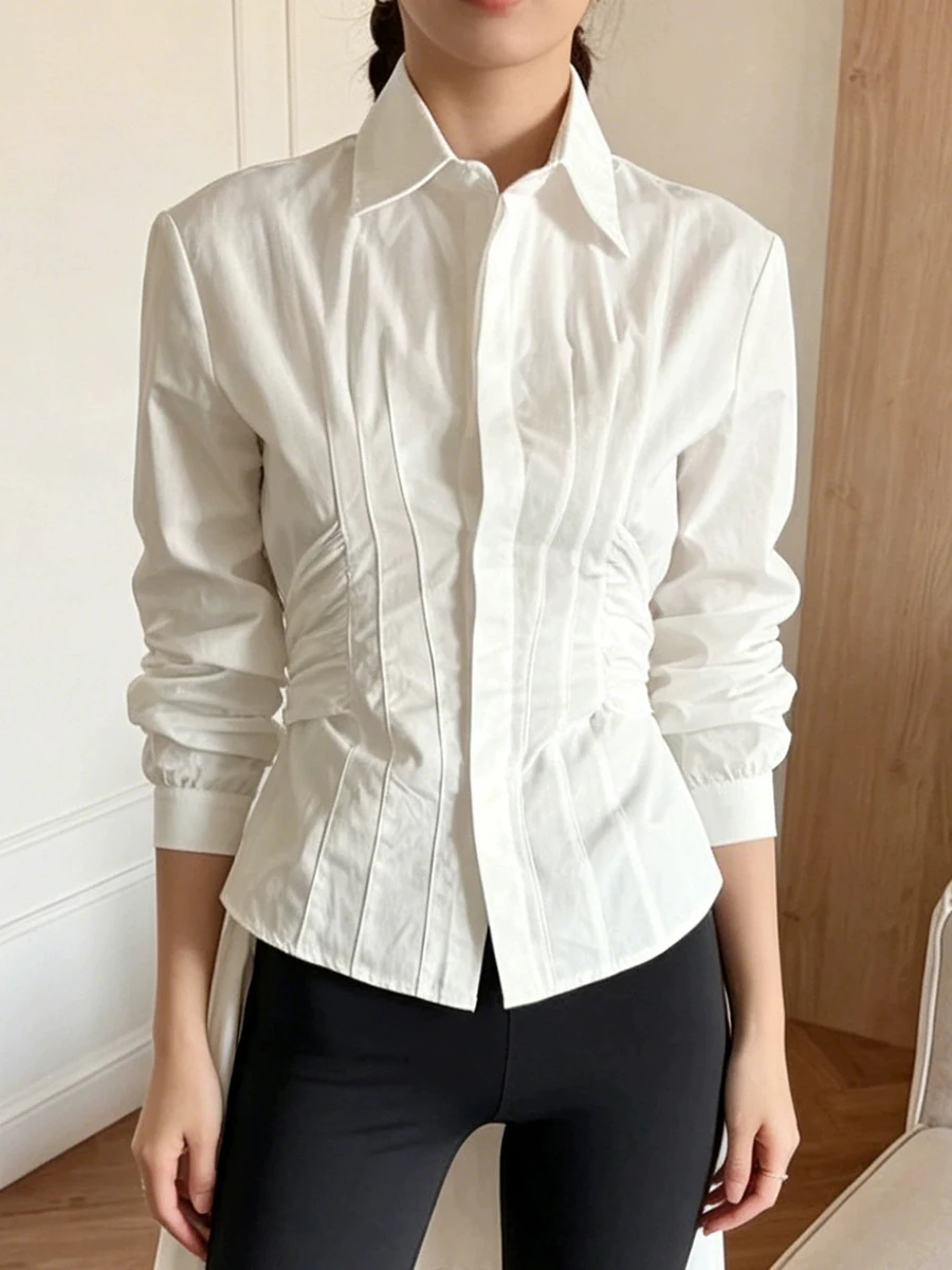 TWOTWINSTYLE Solid Slimming Spliced Lace Up Shirts for Women Lapel Long Sleeve French Commute Shirt Female Summer Fashion New