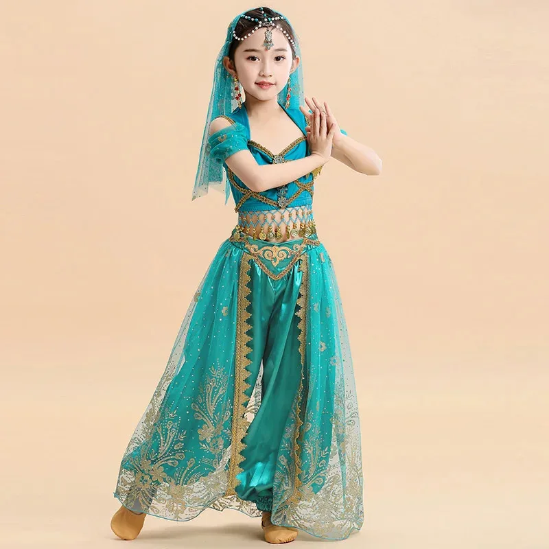Vestido de princesa Cospaly de Halloween, conjunto de princesa Jasmine para niños, vestido de actuación de danza india para niñas, vestido de actuación en escenario