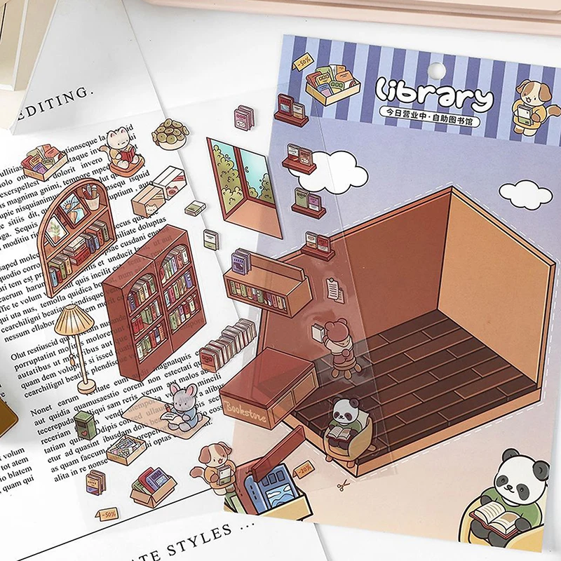 1set Cartoon Pocket DIY Scene Landscaping Decoration Sticker 3D Landscape Hut Handbag Decals PET Sticker