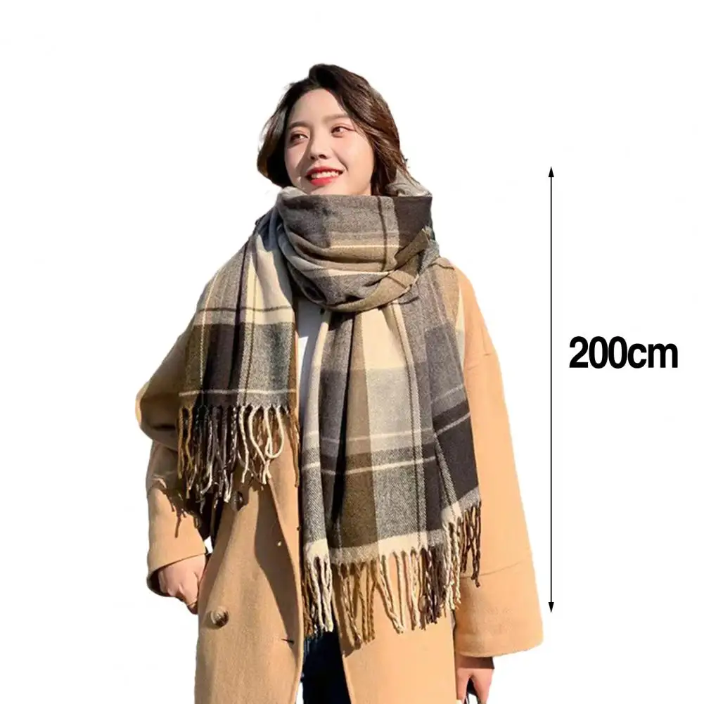 Women Winter Scarf Color Matching Tassel Wide Long Plaid Print Scarf Thick Sock Warm Windproof Lady Neck Wrap Shawl