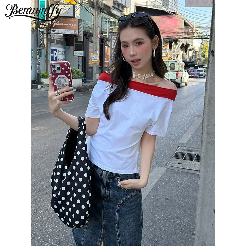 

Benuynffy Color-blocked Off Shoulder Tops for Women Fashion 2026 Spring Summer New Casual Short Sleeved Tees Street Y2k Tshirt