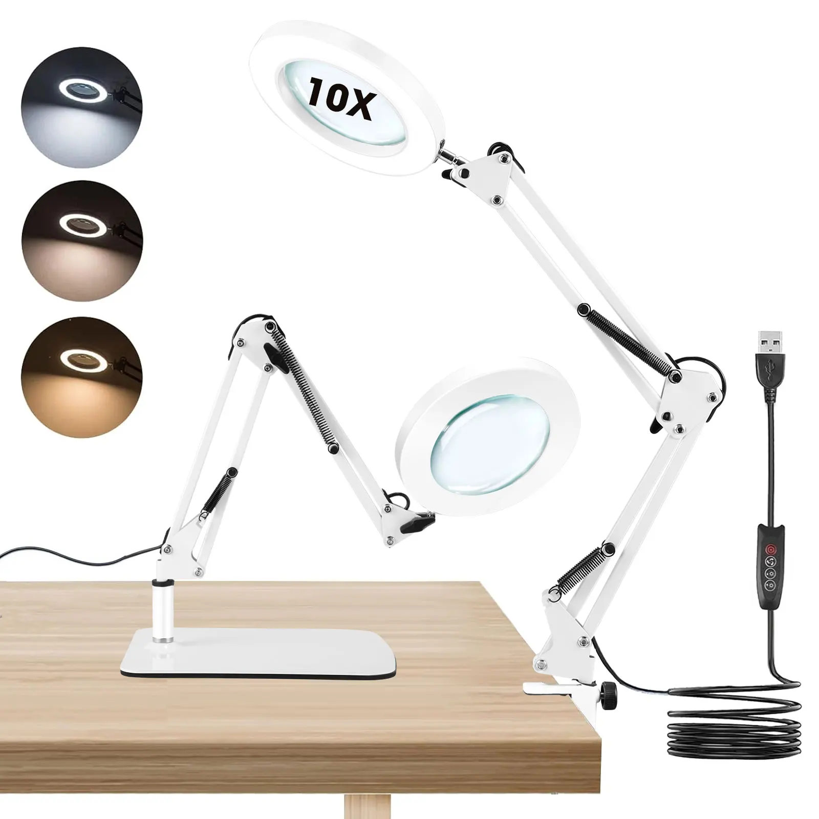 LED-Schreibtischlampe mit Vergrößerungsfunktion, Basis & Klemme, 5-fache Vergrößerung, 3 Farbmodi, 10 Einstellbare Helligkeitsstufen, 2-in-1 Vergrößerungsglas