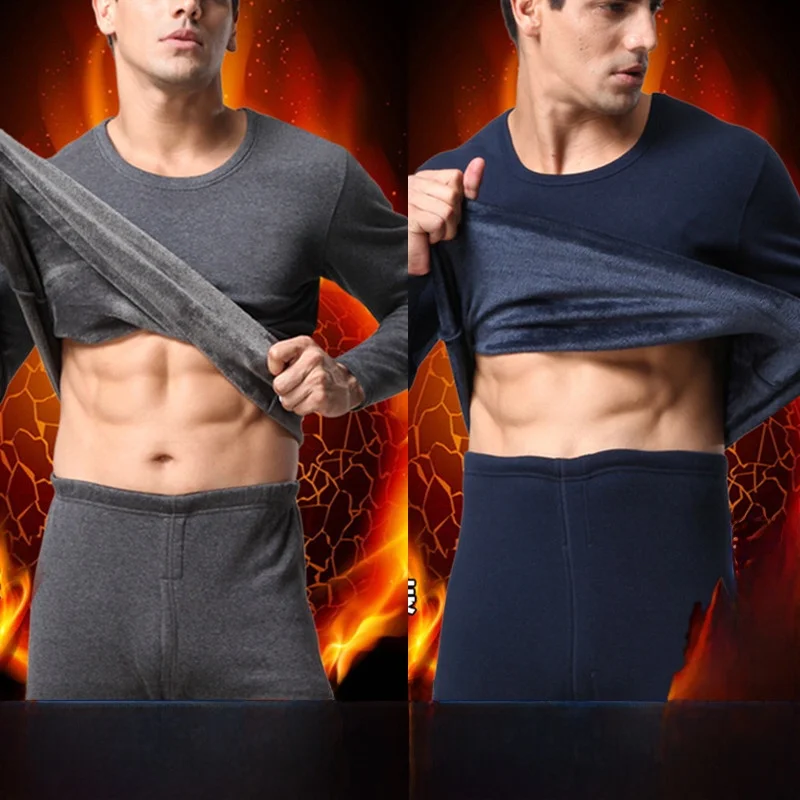 Men's Fleece Lined Long Sleeve round Neck Thermal Underwear High End Autumn Winter Warm Base Layer Top Large Size Home Clothes