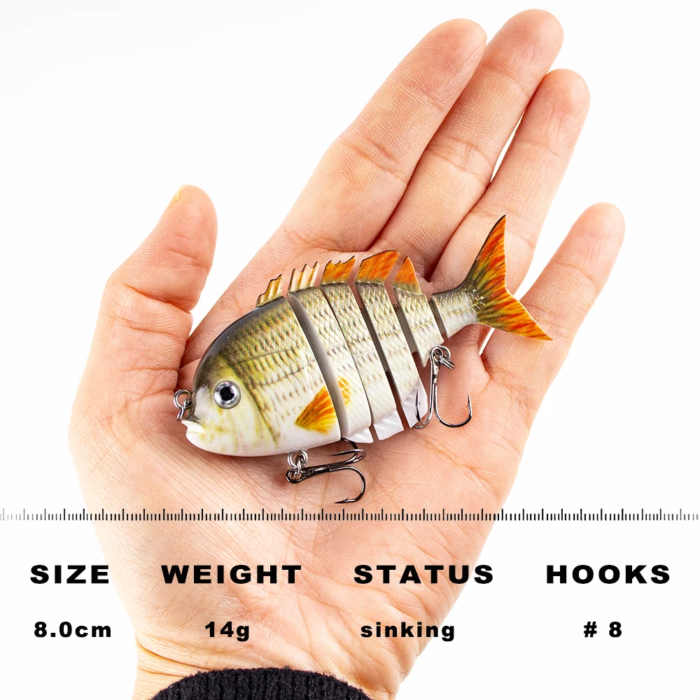 CCLTBA Jointed Swimbait 8cm 14g Slow Sinking Hard Baits Vivid Swim Fishing Lures 6 Segments Wobble for Bass Pike Fishing