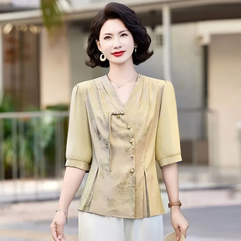 

Новая женская летняя рубашка в китайском стиле для женщин среднего возраста, жаккардовая
