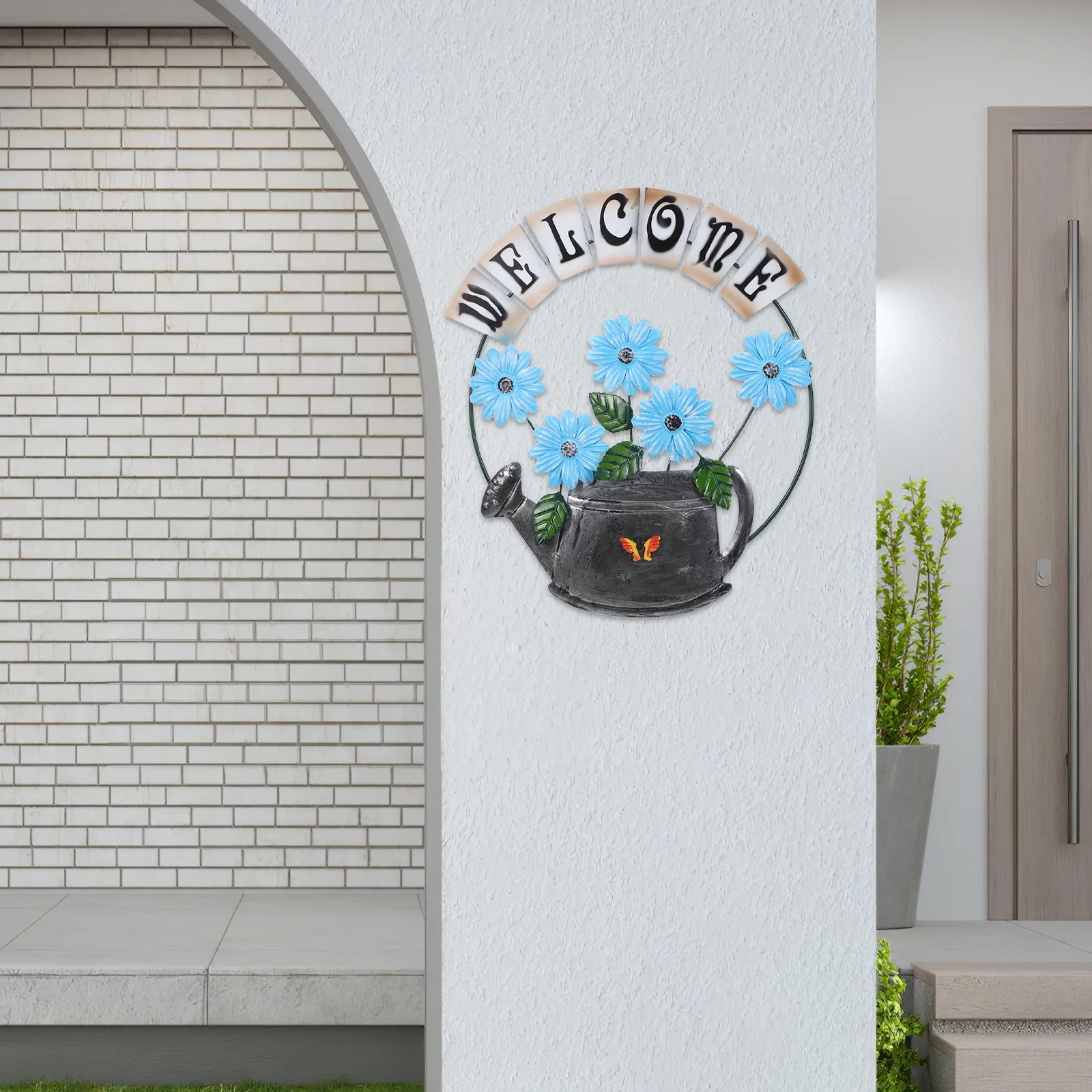 

Sunflower Welcome Door Hanger Metal Blue Hand Painted Flower Sign Porch Wall Art Front Door Garden Decoration Rustic Farmhouse