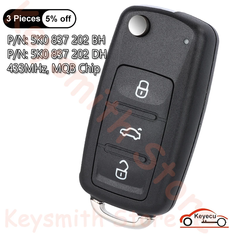 KEYECU 5K0837202BH 5K0837202DH MQB Megamos AES Remote Car Key For VW Caddy Transporter Beetle Jetta Sharan Scirocco Polo Tiguan