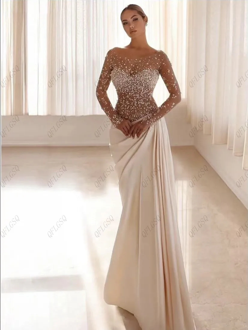 ชุดราตรีงานพรอมประดับลูกปัดแบบไฮคูตูร์ สีไอวอรี่ แขนยาว ชุดแต่งงาน ชุดงานเลี้ยง ผ้าซาติน ยาว โปร่งแสง ชุดเดรสออกงานสำหรับผู้หญิง