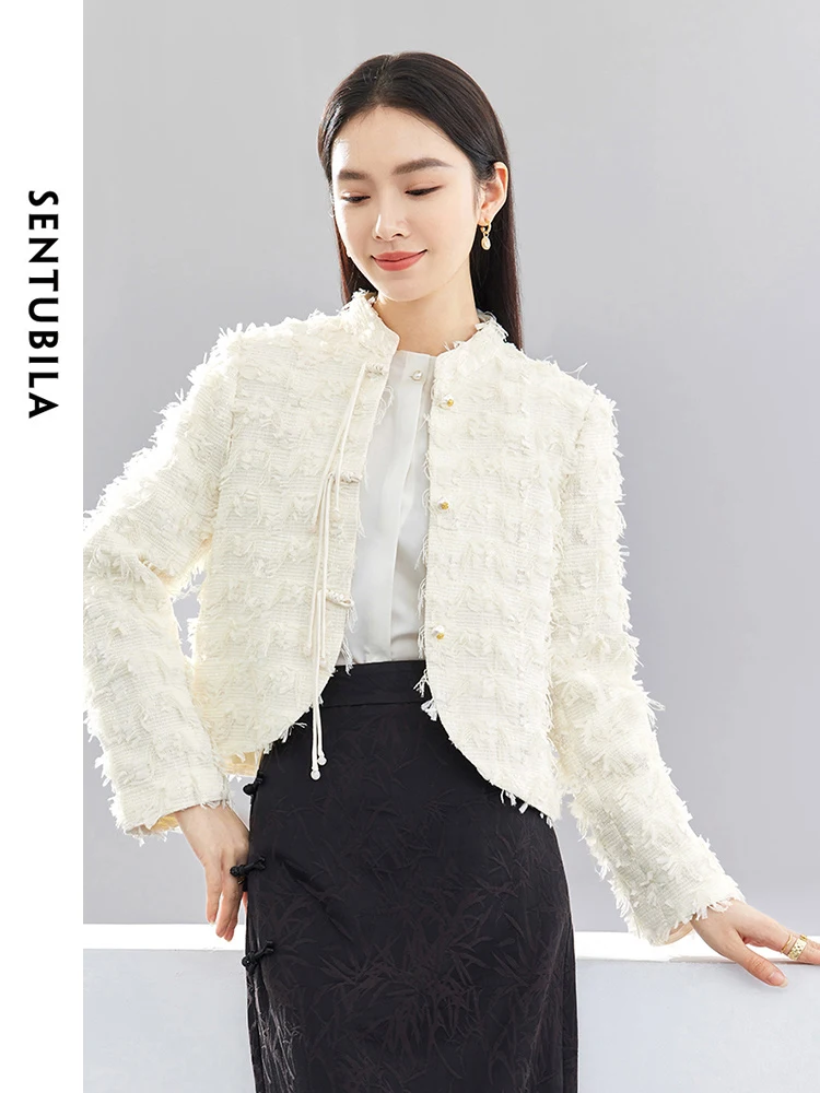 

SENTUBILA New Chinese Style Apricot Cropped Tweed Jacket 2024 Spring Stand Collar Straight Short Elegant Woman Coats 141W52034