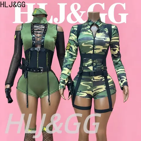 HLJ&GG Camouflage Tight Sexy Long Sleeves Bodysuit Jumpsuit Cosplay Uniform with Binding Band Set Fashion Front Zipper Clothing