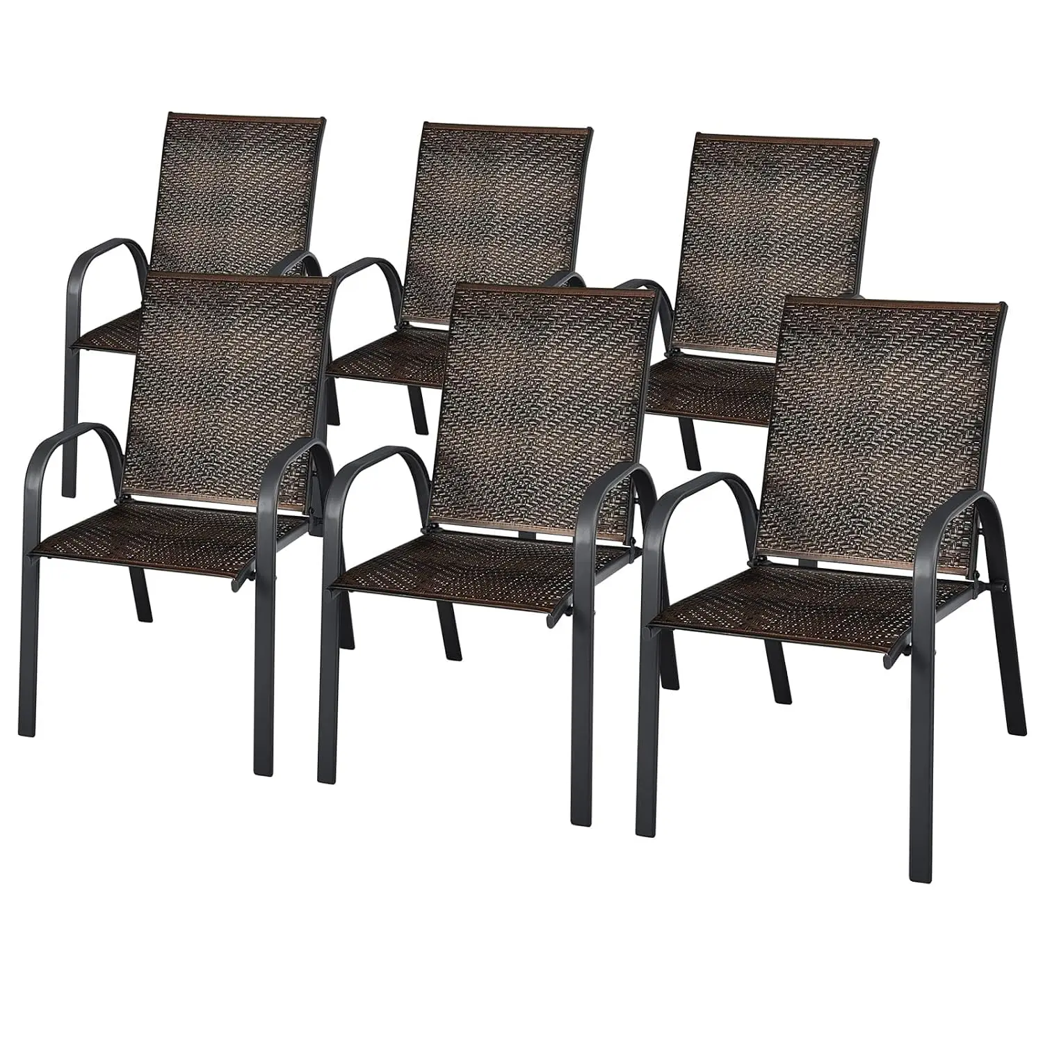 Stackable Wicker Dining Arm Chairs 6 Pack, Rustproof Steel Frame Patio Bistro Chairs for Garden Poolside, Customized