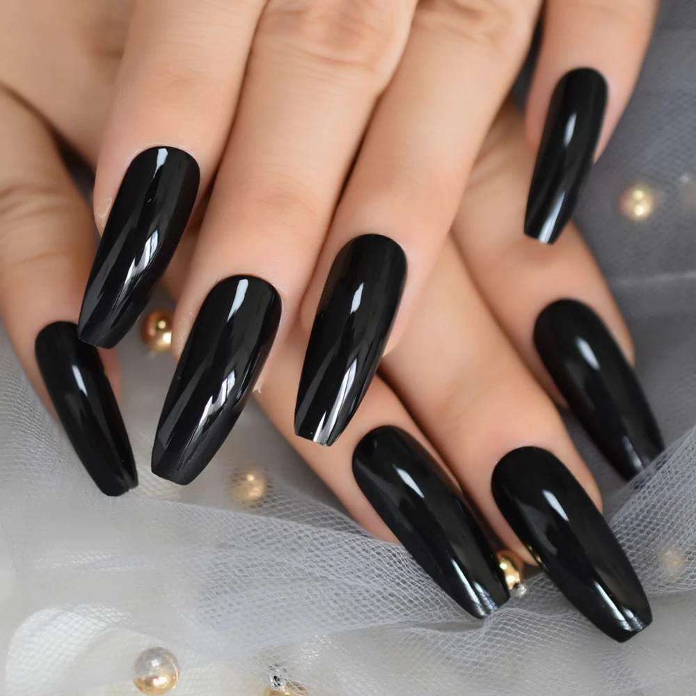 Unhas de caixão pretas sólidas, bailarina, pontas de unhas falsas, cobertura completa muito longa, acrílico artificial, unhas falsas de balé, salões, arte de unhas diy