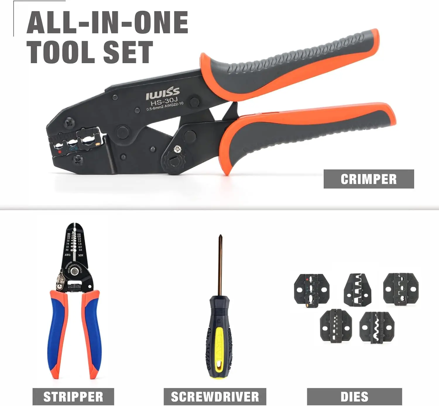 Wire Crimping Tool Set with Stripper, Ratcheting Crimper and 5 Dies for Insulated/Non-insulated Connectors