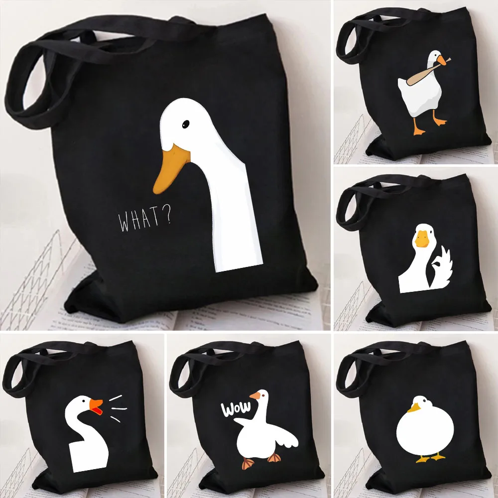 Funny Honk Untitled Goose Game Frog Pingu Duck Cute Cartoon Girl Women Canvas Shoulder Shopping Book Cotton Handbag Eco Tote Bag