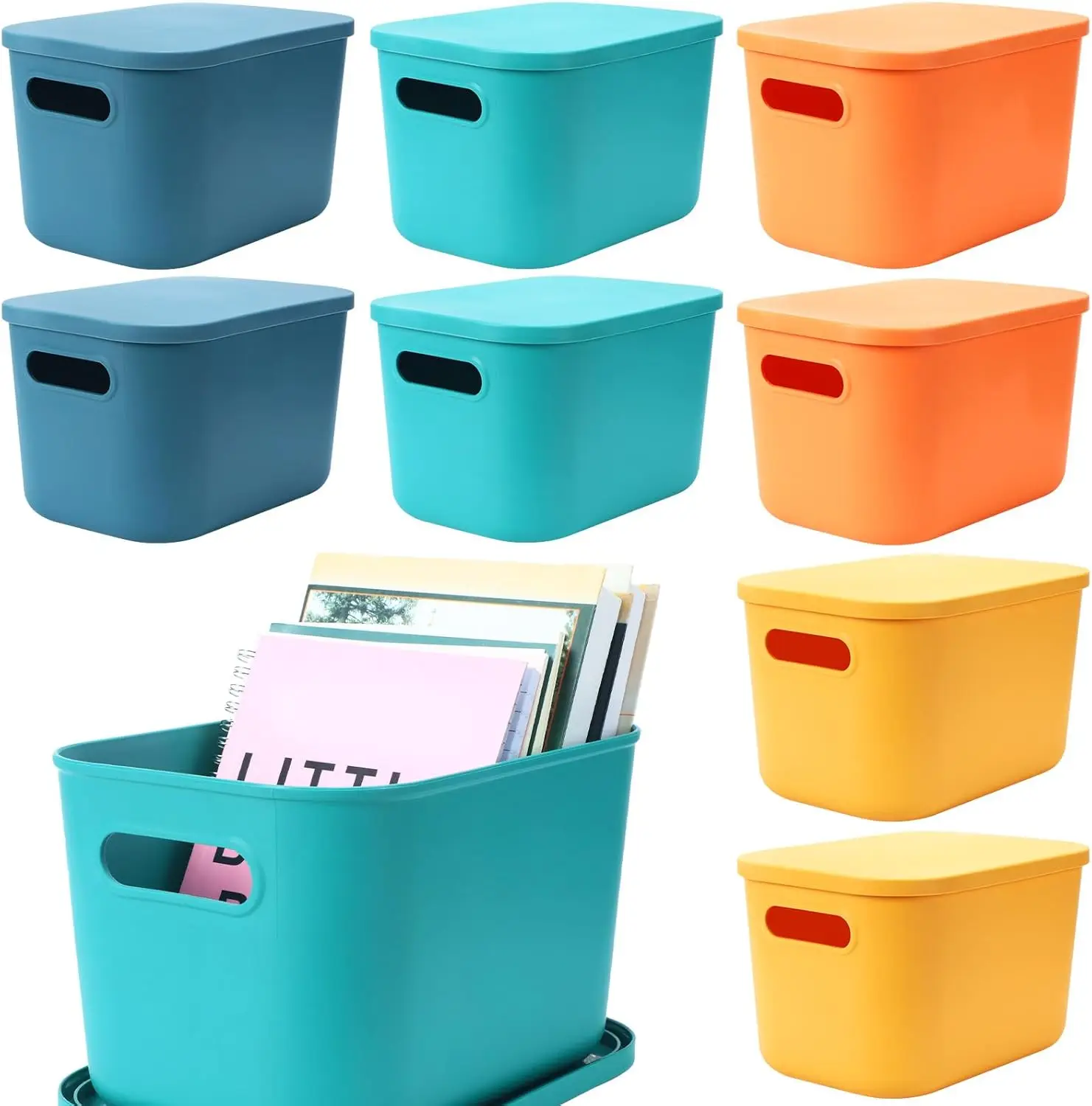 

8 Pieces Colorful Storage Bins with Lid, Plastic Storage Basket Organizing Container Stackable Box with Handle for Shelves