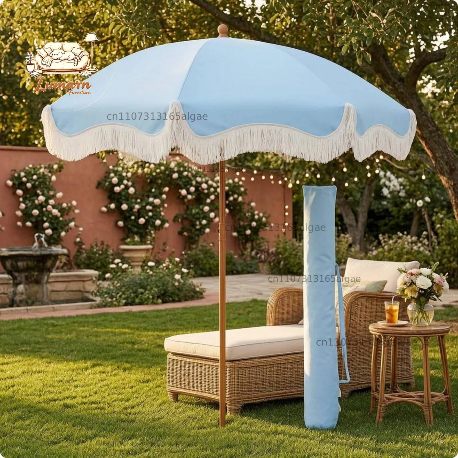 Fringed Parasol with Scalloped Edge Sun Shelter Patio Umbrella Round Canopy Portable Shade for Outdoor Garden