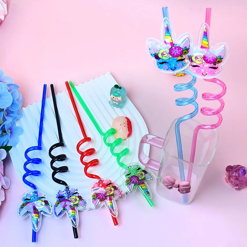 8pcs Glitter Rainbow Unicorn Plastic Straws, Colorful Reusable Spiral Straws, Birthday Party Drink Decorations