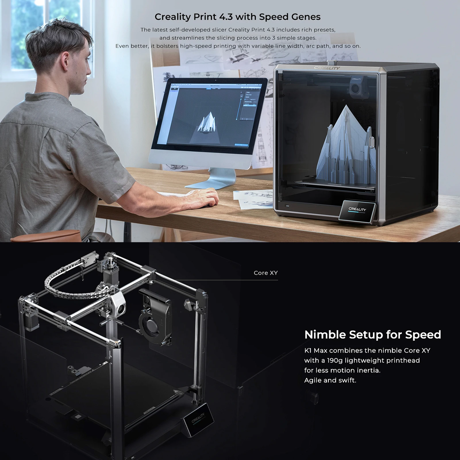 

3D-принтер Creality K1 Max FDM с большой объемом сборки 300x300x300 мм, скоростью печати 600 мм/с, большой расход Hotend, встроенный AI LiDAR