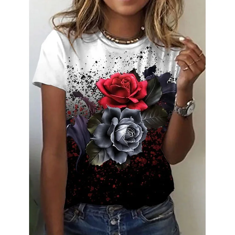 2024 New Product Explosive 3D Sunflower Flower Fashion Printed T-shirt Round Neck and Flower Printed Matte Women\'s T-shirt