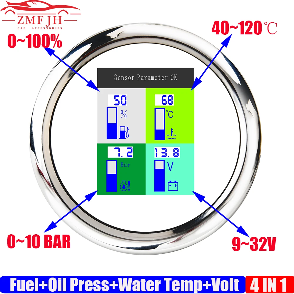 Multi 4 IN 1 Fuel Level Gauge+Oil Pressure+Water Temp+Voltage with Flash Alarm Digital 85mm Gauge For Auto Car Boat Yacht Custom