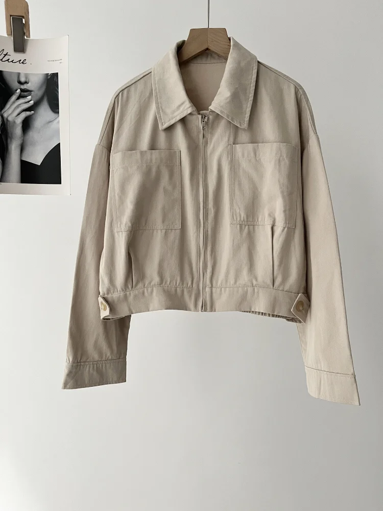 Veste zippée à col court pour femme, manteau de travail, style décontracté, léger, poches, document solide, vêtements d'automne et d'hiver