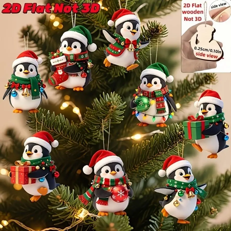 1/5/10/20/50/100pcs 2D Flat - Set of 8 Small Wooden Christmas Penguin Ornaments, Unique and Beautiful Christmas Outfits - 2D Fla