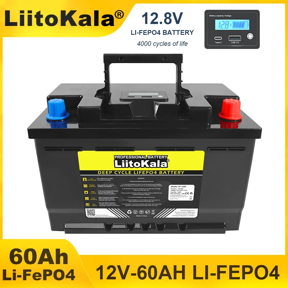 Liitokala 12v 60ah 4000 times deep cycle lifepo4 battery for Car ignition with type-c and usb can charge mobile devices