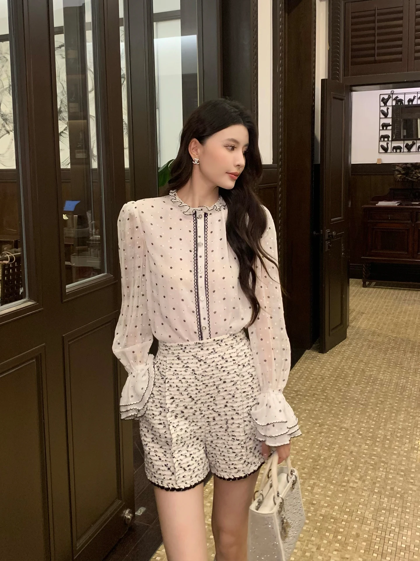 

Kun Miss Polka Dot Print Long Sve Chiffon irt Women Spring Bubble Sve Top Breathable Comfortable Loose Fit Commute Sle