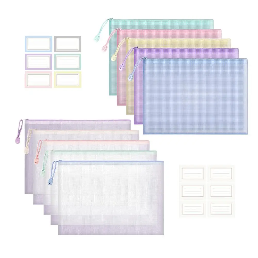 5pcs Mesh Zipper Pouch Document Bag Waterproof Zip File Folders A4 School Office Supplies Pencil Case Storage Bags