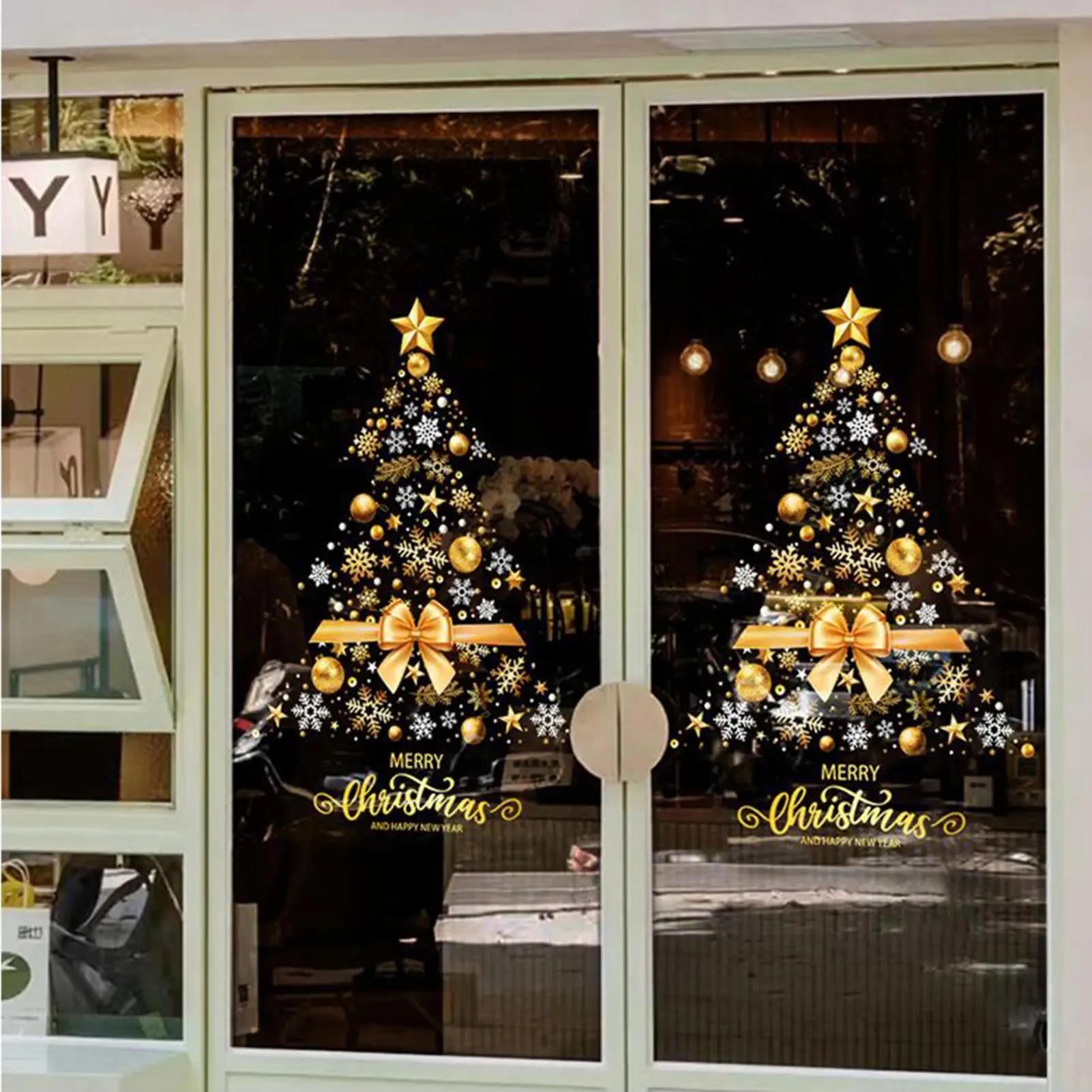 Christmas Window Clings Static Golden DIY Film Removable Golden Christmas Tree Decals for Wall Door Mirror Home Workplace
