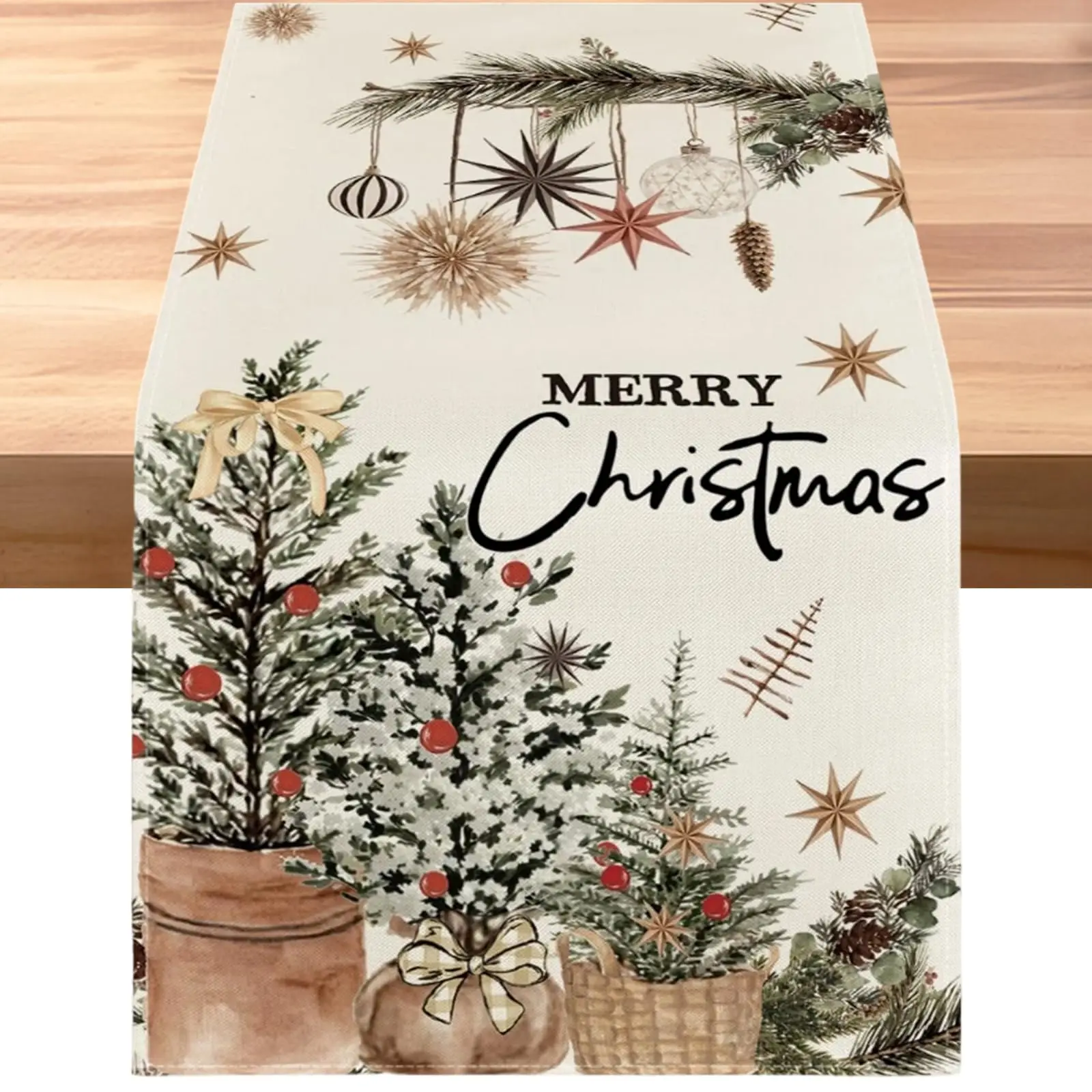 Xmas Trees Holly Pine Cone Merry Christmas Table Runner, Seasonal Winter Decoration for Home Kitchen Dining Holiday Decor