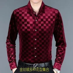 2024 Men's New Autumn Plaid Jacquard Business Casual Long Sleeve Shirt Gold Velvet Loose Casual Shirt