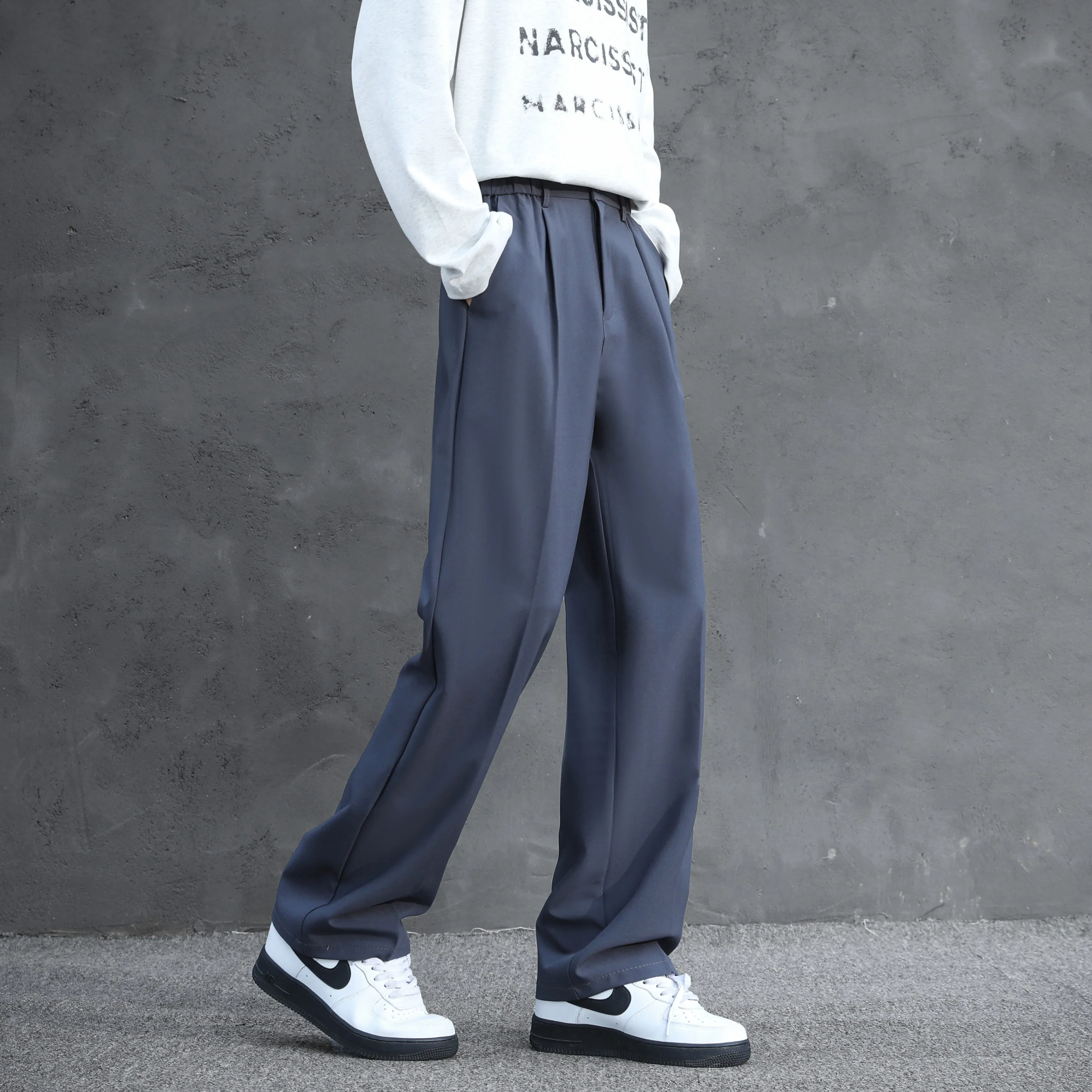 Men Elastic Back Waist Pleated Wide Leg Suit Pants Loose Straight Fit Wrinkle Resistant Business Casual Long Trousers