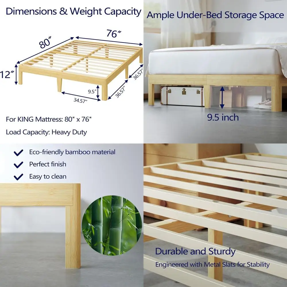 Base de Cama King Size de Bambú de 12 Pulgadas de Alto con Soporte de Láminas Metálicas, No Requiere Somier, Fácil de Montar, Silenciosa y Resistente