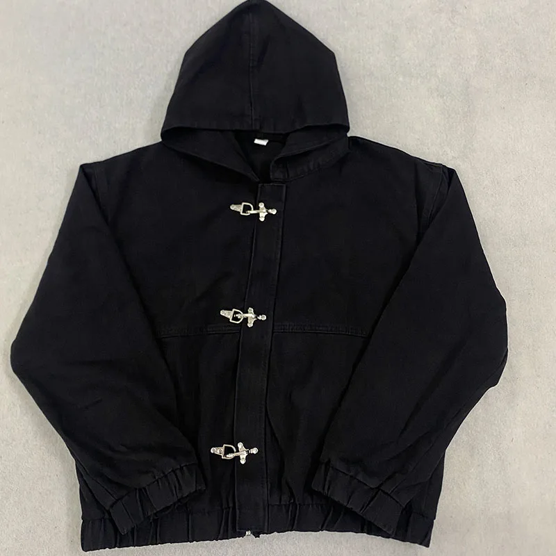 2026 New Autumn Subculture Metal Airplane Buckle Hooded Denim Jacket Individuality Women Loose Street Trend Niche Ins Outerwear