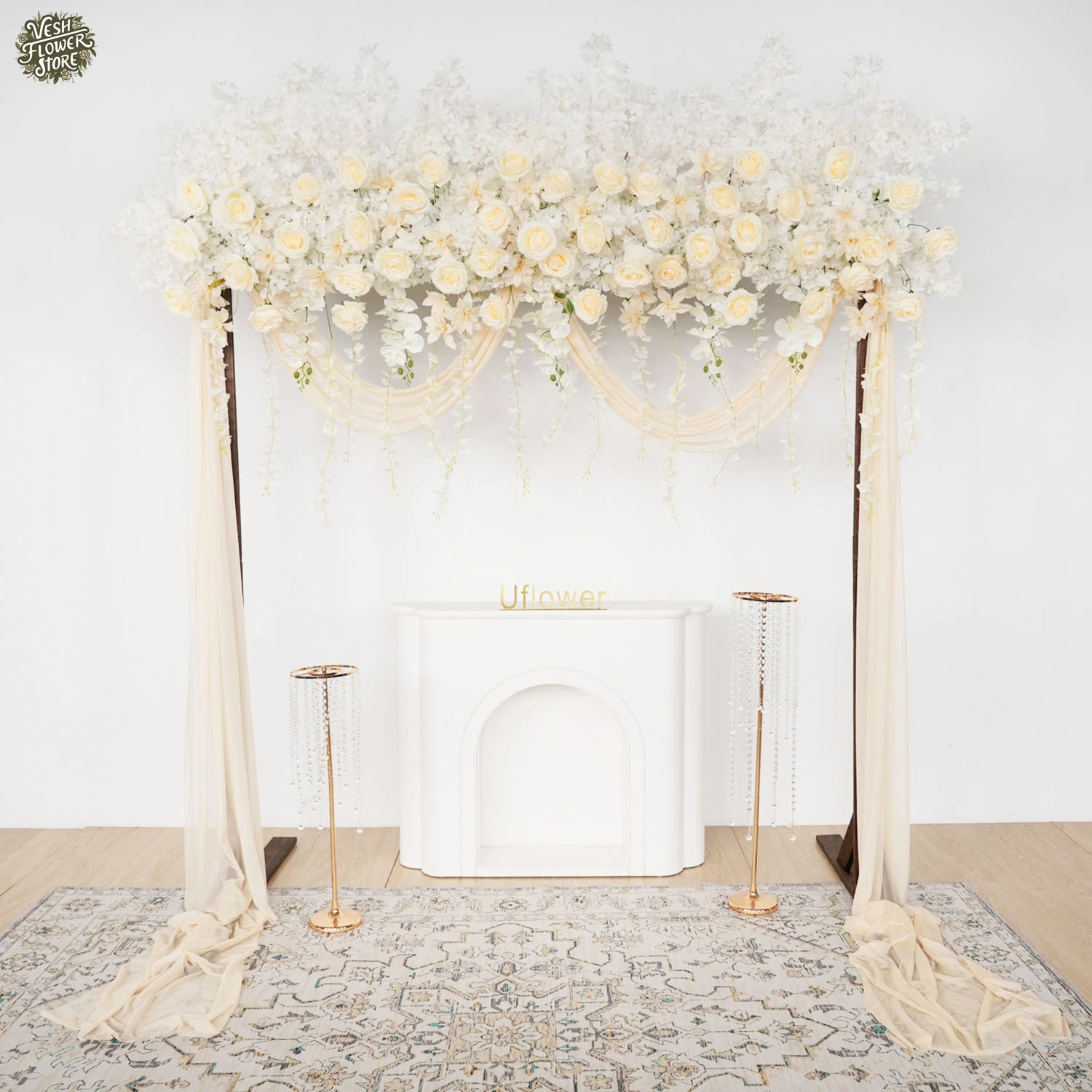 Uflower Artificial Champagne Color Flower Row Rose Wisteria Outdoor Wedding Party Banquet Event Background Decoration