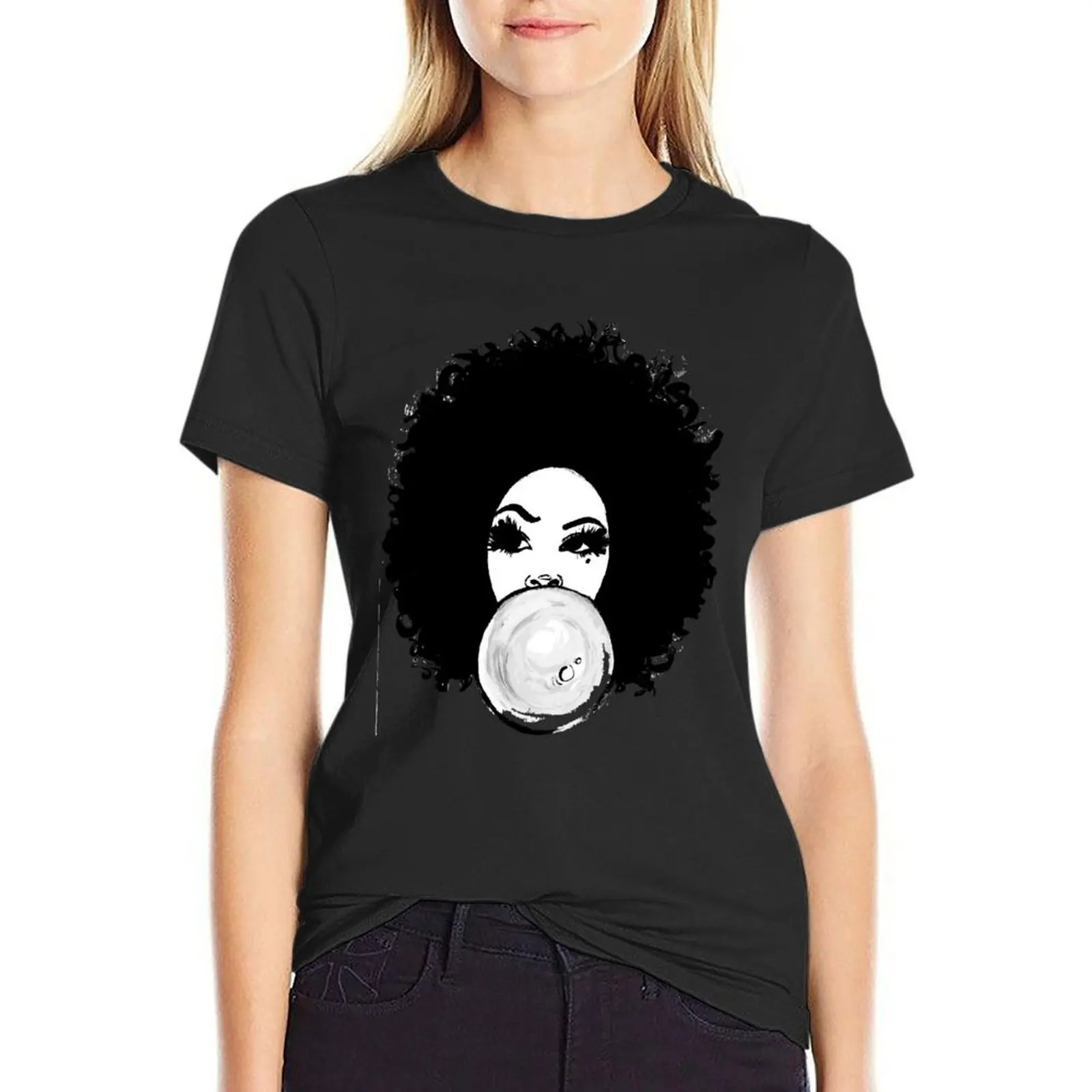 

Curly Afro Pretty Girl Black Hair Bubble Gum Poppin T-Shirt oversized summer tops aesthetic clothes funny Women's t-shirt