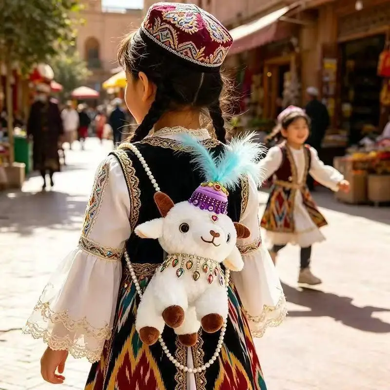 Soft Fluffy Ethnic Style Kids Lamb Backpack Plush Fabric Pearl Strap for Kids Weekend Outing Use