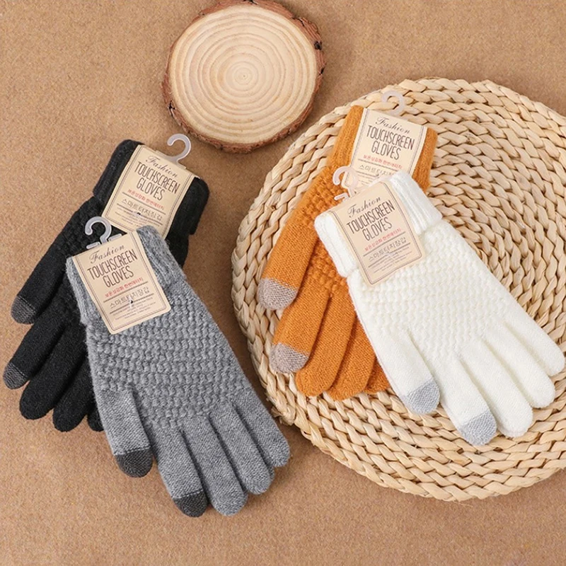 قفازات دافئة بشاشة لمس متماسكة للنساء والرجال ، صوف مقلد ، إصبع كامل ، قفازات كروشيه للإناث ، سميكة ، شتوية