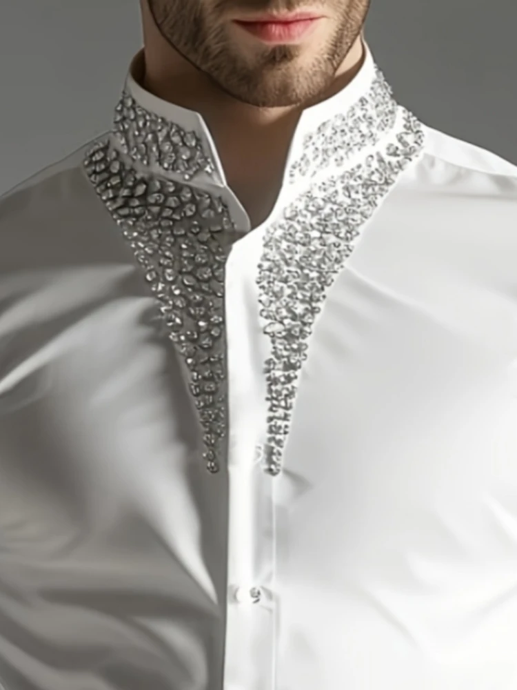 Image of Luxuriöses Strass-Hemd für Herren mit Stehkragen, Kristallverzierten Manschetten, Langen Ärmeln, Slim Fit für Partys, Hochzeiten und Formelle Anlässe