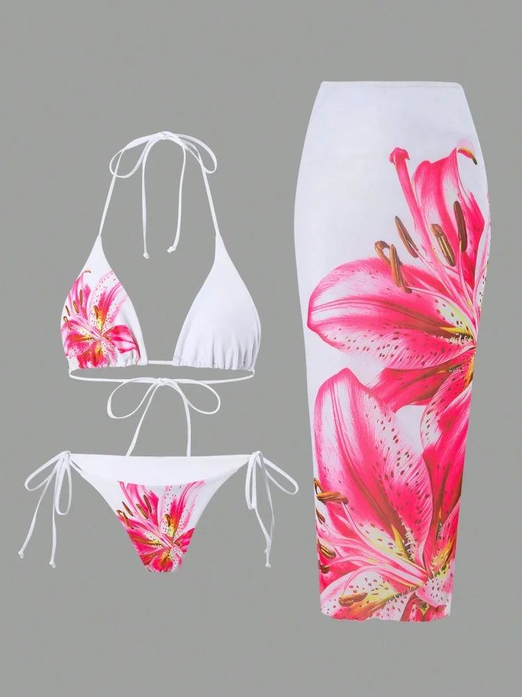 Bikini para mujer, traje de baño 2026, nuevo conjunto de Bikinis estampados con cuello Halter, traje de baño Sexy de cintura alta, traje de baño de tres piezas para cubrir la playa, traje de baño femenino