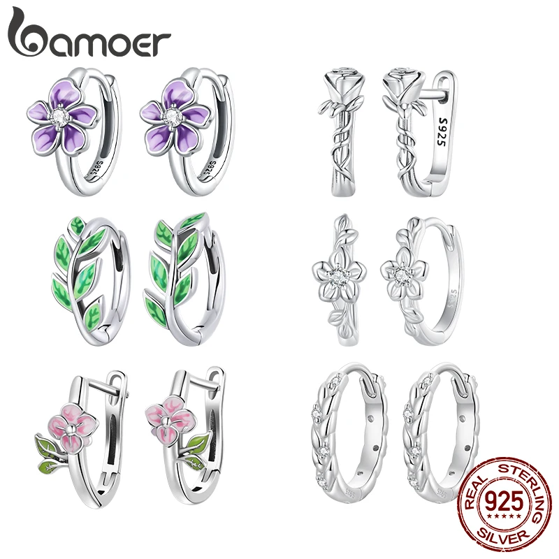 Bamoer 925 Sterling Silver Hoop Earrings Flower Leaves Bamboo Buckles Colorful Cute for Women Girl Wedding Fine Jewelry Gifts