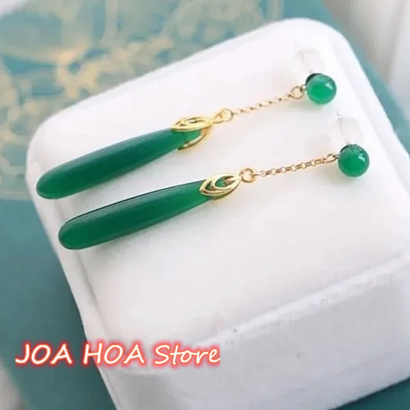 Original New Silver Inlaid Natural Green Chalcedony Geometric Earrings Retro Design Charm Ladies Jewelry