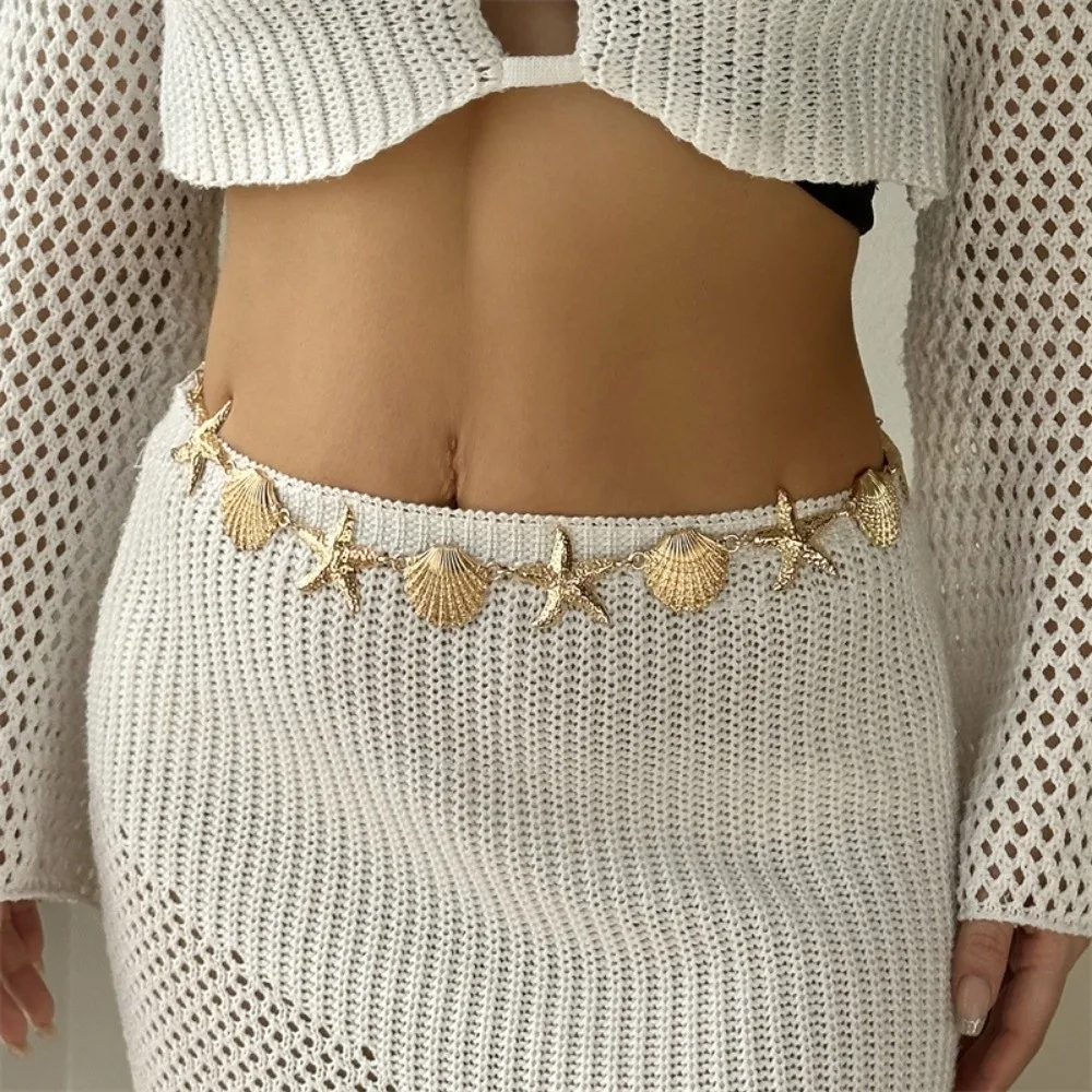 New Starfish Boho Waist Chain Conch Pendant Beads Belly Chain Imitation Pearl Seashell Waistband Jewelry