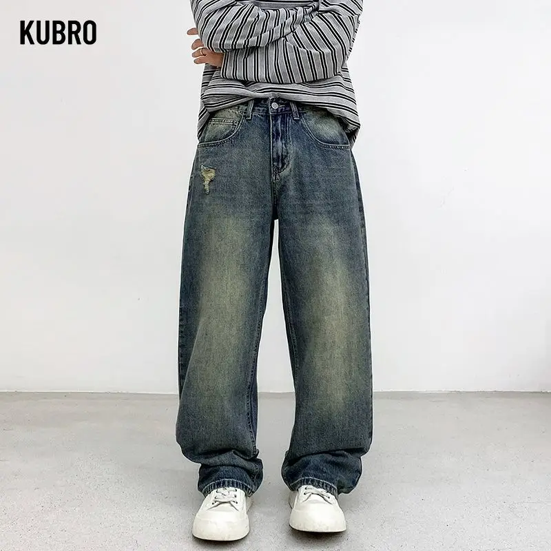 

Винтажные потертые прямые джинсы в американском стиле, мешковатые штаны со средней талией, осенне-зимняя повседневная версия для мужчин, рваные джинсы